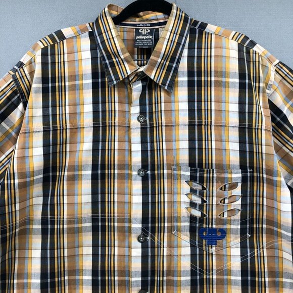VTG Pelle Pelle Short Sleeve Shirt Mens L Button Up Brown Tan Plaid Pocket Front - Picture 4 of 12